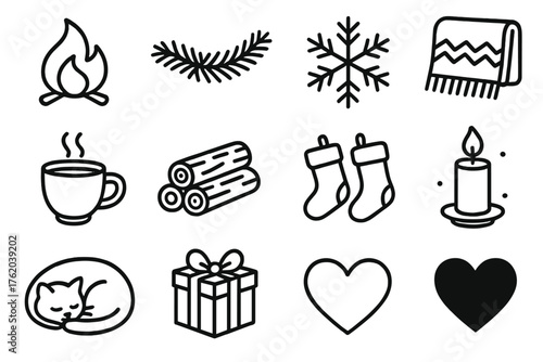 Christmas Warmth outline icon set: flickering flame, pine garland, snowflake, blanket, hot drink, logs, stocking pair, candle, glowing embers, cat sleeping, gift, heart. , , High