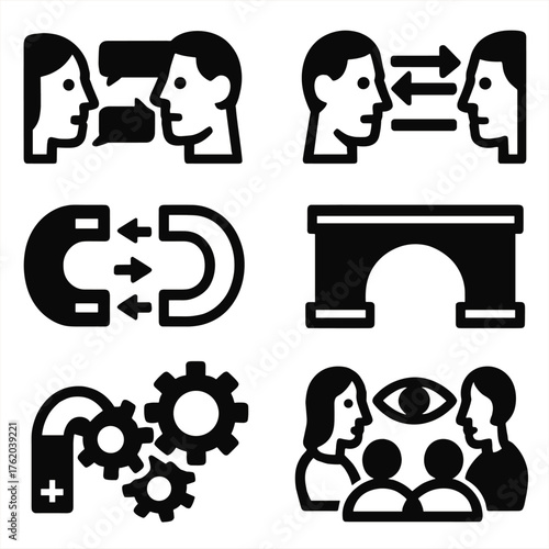 Interaction silhouette set: two faces, dialogue lines, exchange arrows, bridge, magnet poles, gears meshing, eye contact, group circle.