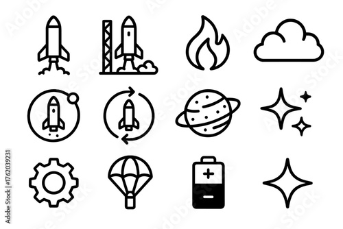 Reusable Rockets outline icon set: rocket, launch pad, flame, cloud, orbit ring, arrow loop, planet, stars, gear, parachute, battery, sparkle. , , High resolution, sharp