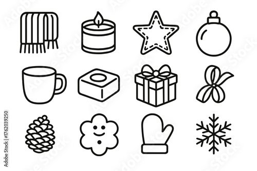 Christmas Market Handmade Gifts outline icon set: wool scarf, candle tin, handmade star, ornament ball, ceramic cup, soap, gift box, ribbon, pinecone, cookie, mitten, snowflake. ,