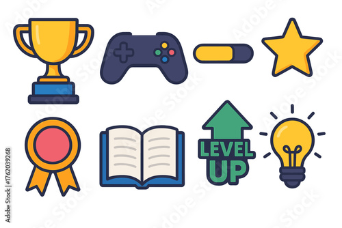 Gamified Learning flat icons: trophy, game controller, progress bar, star, badge, open book, level-up arrow, light bulb. , , High resolution, sharp vector-like appearance, ideal