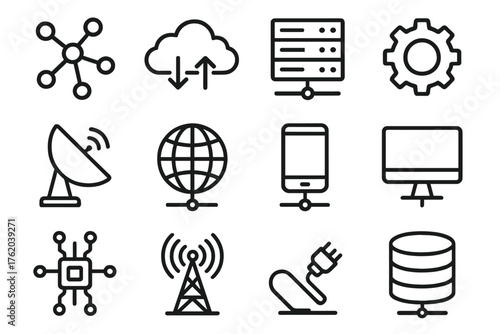 Connected Infrastructure outline icon set: network nodes, cloud, server, gear, satellite dish, globe, smartphone, computer, circuit board, signal tower, cable, database. , , High