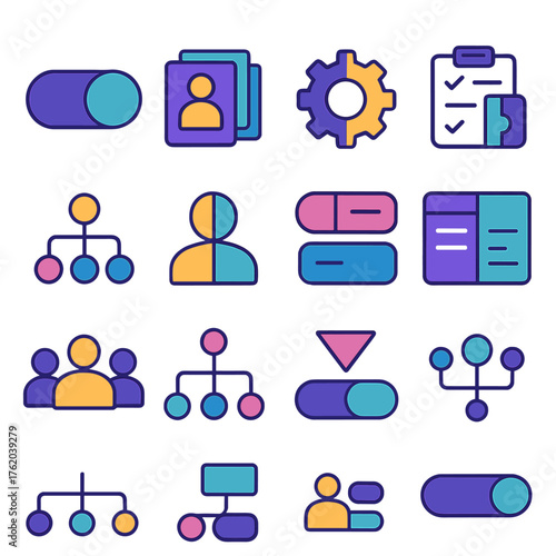 Role Division UI flat icons: split toggle, layered role cards, divided settings icon, task delegation app icon, digital hierarchy chart, user with divided roles, role tags, split