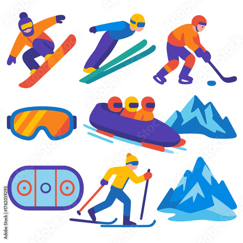 Winter Extreme Sports flat icons: freestyle snowboarder, ski jump, ice hockey, bobsled, snow goggles, ice rink, cross-country skier, frozen mountain. , , High resolution, sharp