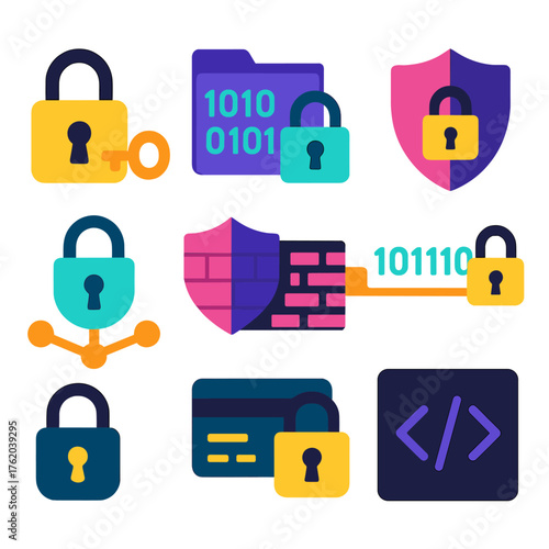 Secure Encryption flat icons: lock and key, encrypted folder, firewall shield, binary stream, network lock, secure pad, data vault, glowing code. , , High resolution, sharp