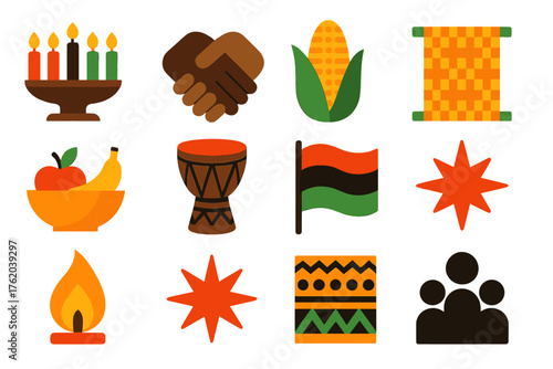 Kwanzaa Seven Principles flat icons: kinara stand, unity clasp, corn ear, woven mat, fruit basket, drum, flag, candle flame, star, African pattern, light spark, family symbol. , ,