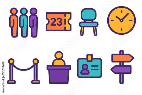 Basic Queue flat icons: people standing in line, numbered ticket, waiting chair, rope divider, clock, counter desk, ID card, signpost.