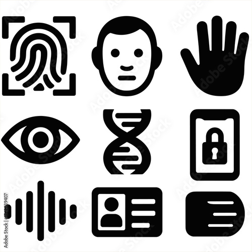 Basic Biometrics silhouette set: fingerprint scan, facial recognition, retina eye, handprint, voice wave, DNA strand, ID card, smartphone unlock.
