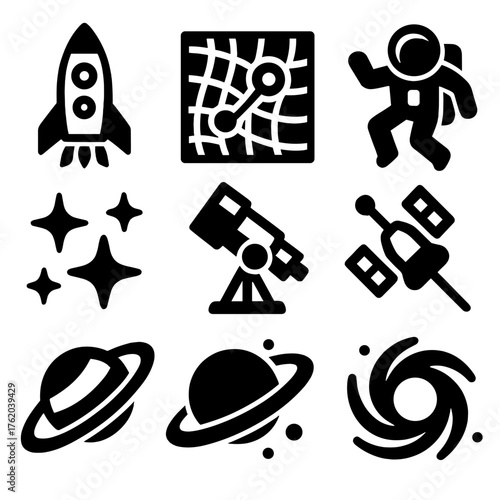 Galactic Exploration silhouette set: rocket ship, cosmic map, astronaut floating, space telescope, star cluster, planetary rings, probe craft, glowing galaxy. , , High resolution,