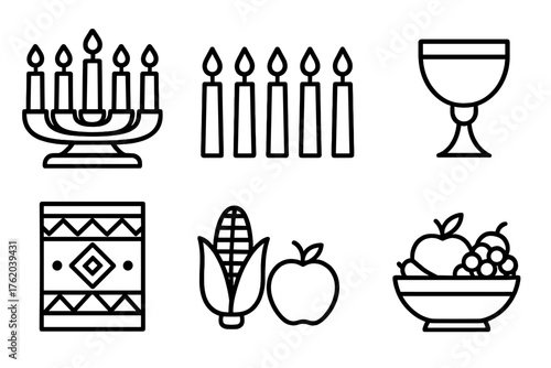 Kwanzaa Kinara outline icon set: kinara with seven candles, central black candle, red candles, green candles, flame icons, unity cup, African pattern, fruit bowl. , , High