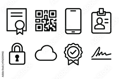 Digital Credentials outline icon set: certificate icon, QR code, mobile phone, ID badge, secure lock, cloud storage, checkmark seal, digital signature. , , High resolution, sharp