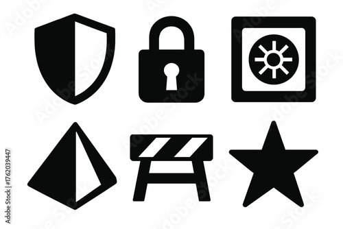 Abstract safe silhouette set: shield, lock, vault, prism, barrier, star.