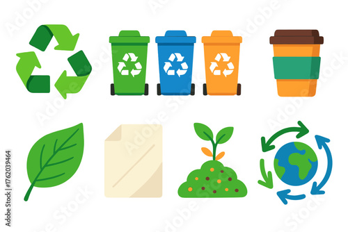 Eco Recycling Habits flat icons: recycling logo, separate bins, reusable cup, eco leaf, folded paper, compost pile, arrows in motion, earth icon. , , High resolution, sharp