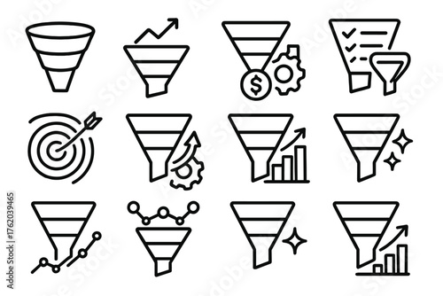 Growth Funnels outline icon set: layered funnel, chart rise, dollar sign, checklist, target, arrow, gear, graph, sparkle, data points, connection web, glow. , , High resolution,