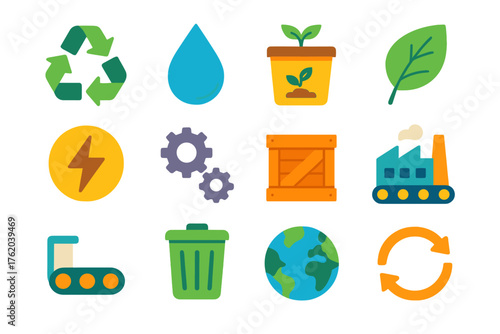 Resource Recovery flat icons: recycle arrows, water droplet, compost bin, leaf, energy symbol, gears, crate, factory, conveyor belt, trash can, earth globe, loop arrows.