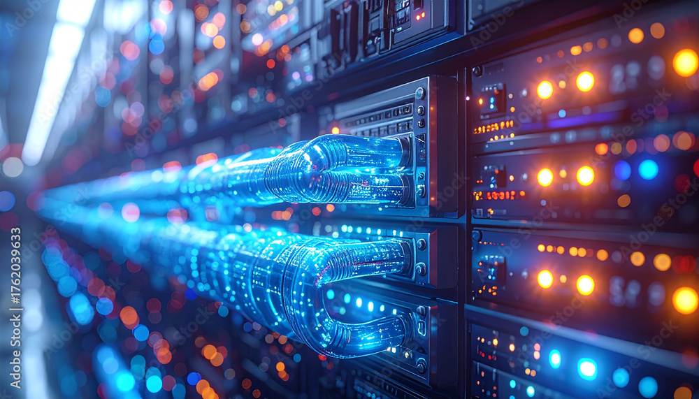 Fototapeta premium Digital Network Infrastructure: Dive into the heart of a data center, where rows of servers hum with the lifeblood of modern connectivity, illuminated by the vibrant glow of digital technology. 