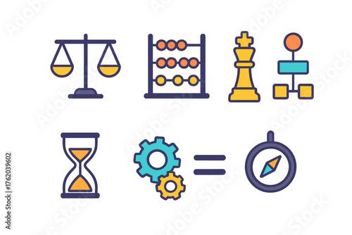 Logic & Reasoning flat icons: balance scale, abacus, chess piece, flowchart, hourglass, gears, equation symbol, compass.