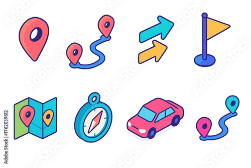 Route Optimization flat isometric set: location marker, path, direction arrows, flag, map, compass, car, route curve.