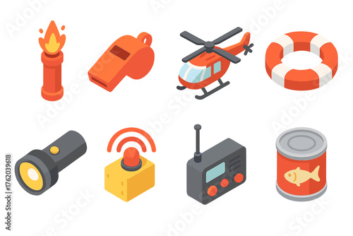 Emergency Survival set icons in modern isometric flat vector style: flare, whistle, rescue helicopter, lifebuoy, flashlight, SOS signal, radio, canned food.
