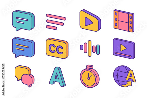 Subtitles flat isometric set: speech bubble, text lines, play button, film strip, caption box, CC icon, sound wave, video screen, dialogue icon, font letter, timer, translation