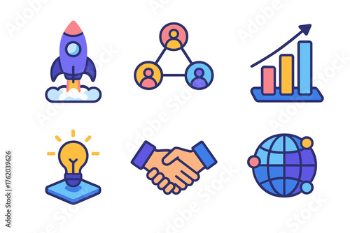 Startup Ecosystems flat isometric set: rocket taking off, people connection, bar chart, innovation hub, handshake, global network.