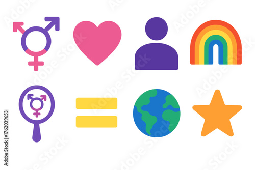 Gender Identity flat icons: gender symbols, heart, person silhouette, rainbow, mirror, equality sign, globe, star.
