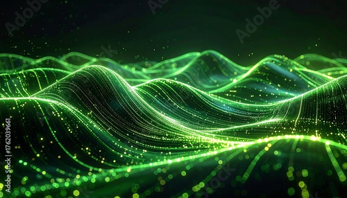 Abstract, dynamic visualization of flowing lines in vibrant green, suggesting data or energy.  Lines undulate with floating particles