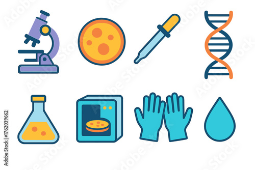 Biological Research flat isometric set: microscope, petri dish, pipette, DNA helix, cell culture flask, incubator, gloves, droplet.