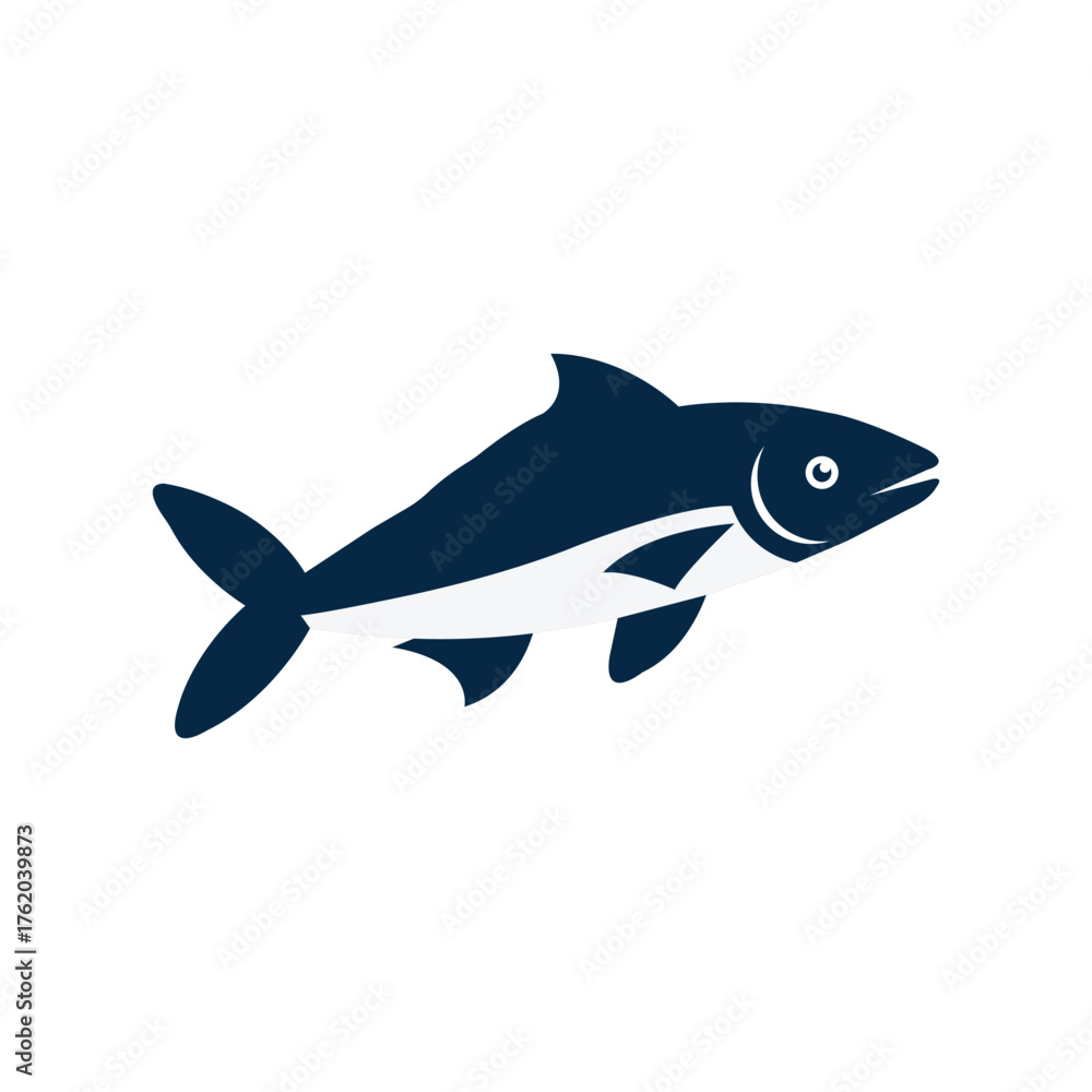 Fototapeta premium Simple flat vector illustration of a fish silhouette in dark blue and white colors. Minimal aquatic animal design ideal for seafood, fishing, marine, nature, and ocean-related graphic concepts.