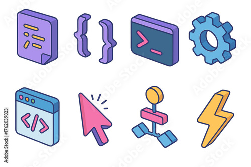 Custom Scripts flat isometric set: script icon, brackets, terminal, gear, code window, cursor, flow diagram, lightning.
