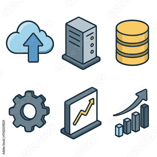 Cloud auto scaling set icons in modern isometric flat vector style: cloud, upward arrow, server, database stack, gear, chart.