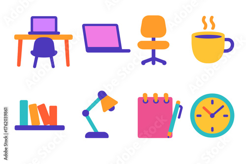 Workspaces flat icons: desk, laptop, chair, coffee cup, bookshelf, lamp, notepad, clock.