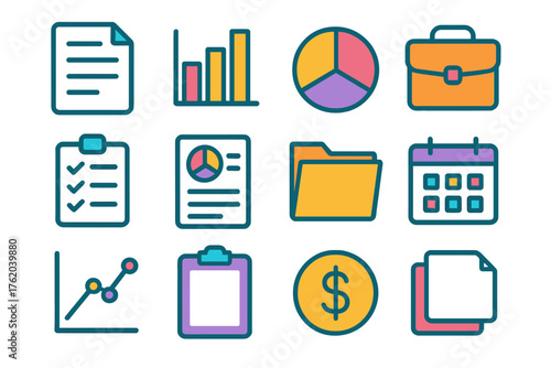 Portfolio flat icons: document, bar chart, pie chart, briefcase, checklist, report sheet, folder, calendar, graph line, clipboard, dollar sign, paper stack.