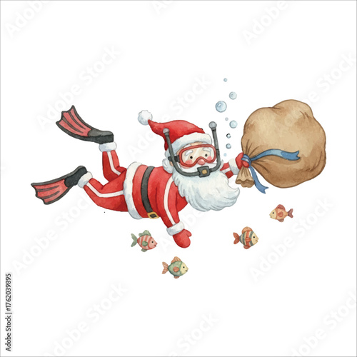 Santa Scuba Diving Watercolor Vector Illustration on White Background
