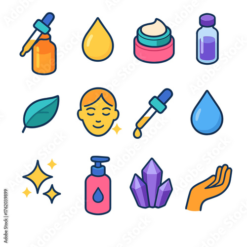 Facial Serum Set flat isometric set: dropper bottle, serum droplet, skincare jar, glass vial, leaf icon, glow face, pipette, water droplet, sparkles, moisturizer bottle, crystal