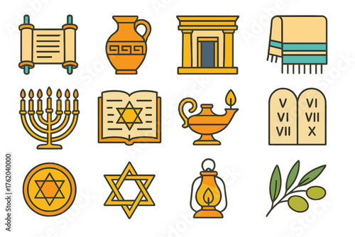 Hanukkah Rituals Heritage — Elegant Line Art flat icons: scroll case, ancient jar, temple doorway, prayer shawl, candle holder, sacred text, lighted lamp, stone tablet, seal symbol