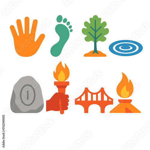 Enduring Impact flat icons: handprint, footprint path, growing oak, ripple in water, engraved stone, torch relay, bridge arch, eternal flame.