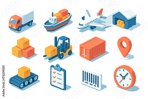 Winter Supply Chain – Logistics Flow flat isometric set: delivery truck, cargo ship, airplane, warehouse, stacked boxes, forklift, shipping container, location pin, conveyor belt,