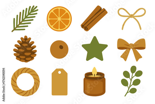 Christmas Wreath Rustic Natural flat icons: pine branch, dried orange, cinnamon stick, twine bow, pinecone, wooden bead, felt star, burlap ribbon, eucalyptus sprig, straw wreath,