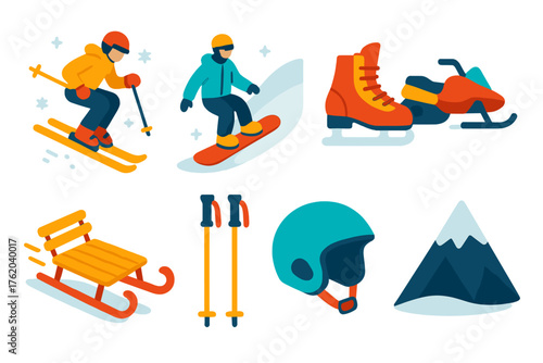 Winter Recreation Snow Sports flat icons: skier mid-jump, snowboard on slope, sled in motion, ice skates, snowmobile, ski poles, helmet, mountain peak.