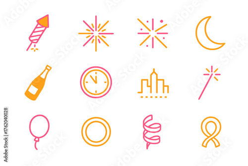 New Year’s Eve Fireworks Minimal — Minimal Duotone flat isometric set: rocket, spark, explosion lines, star, moon, champagne bottle, countdown clock, skyline outline, sparkler