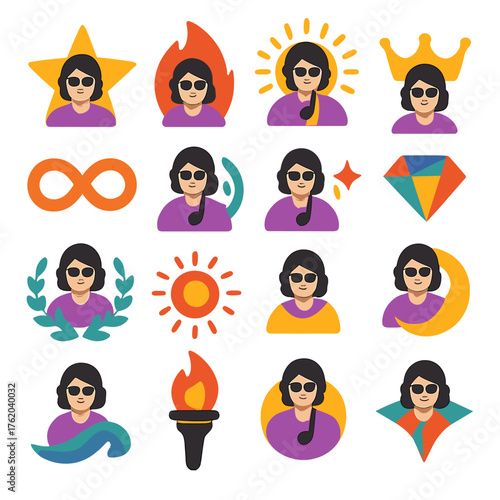 Symbolic Musician flat icons: star, flame, radiant aura, crown, infinity loop, spiral, glowing spark, diamond, prism, laurel wreath, sun, circle, moon, wave, torch flame, compass.