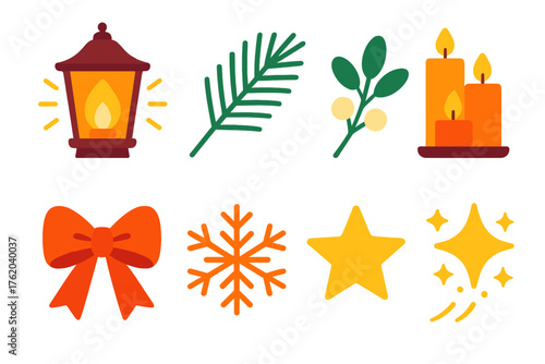Festive Ambience flat icons: lantern glow, pine sprig, mistletoe, candle trio, ribbon bow, snowflake, star, sparkle trail.