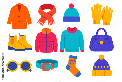 Winter Colors Fashion — Bright Flat Icons flat icons: wool coat, scarf, beanie, gloves, boots, puffer jacket, sweater, handbag, sunglasses, belt, patterned sock, wool hat.