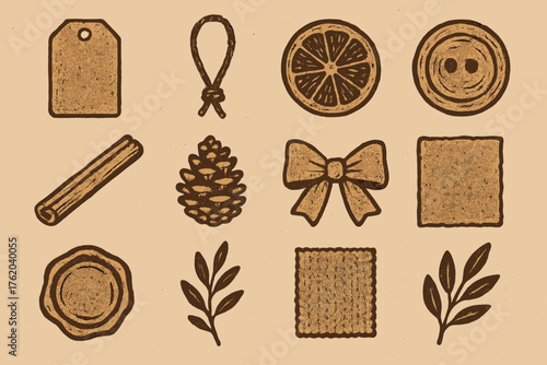 Gift Tags – Rustic Charm silhouette set: kraft tag, twine loop, dried orange slice, wood button, hand lettering, cinnamon stick, mini pinecone, fabric bow, natural paper, wax stamp