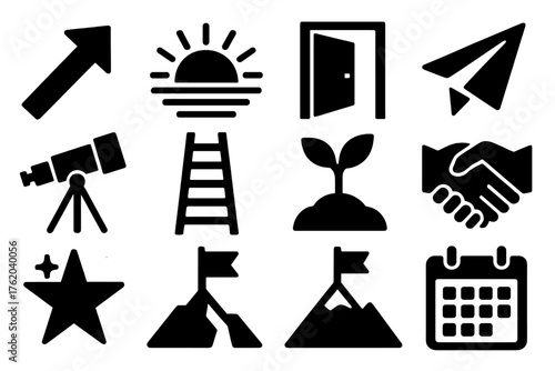 2026 Opportunities silhouette set: arrow rising, sunrise, open door, paper plane, telescope, ladder, seedling, handshake, glowing star, goal flag, mountain top, calendar.