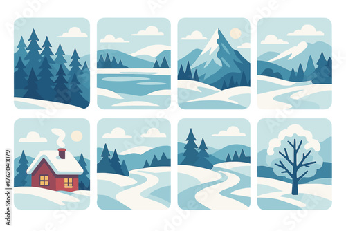 Winter Nature Snowy Landscape flat icons: pine forest, frozen lake, mountain peak, cabin in snow, winding path, cloudy sky, snowy tree, distant sun.
