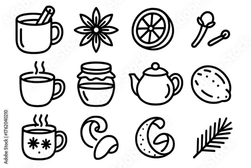 Spiced Drinks outline icon set: mug of cider, cinnamon stick, star anise, orange slice, clove, steaming cup, honey jar, teapot, nutmeg, lemon peel, festive mug, pine sprig.