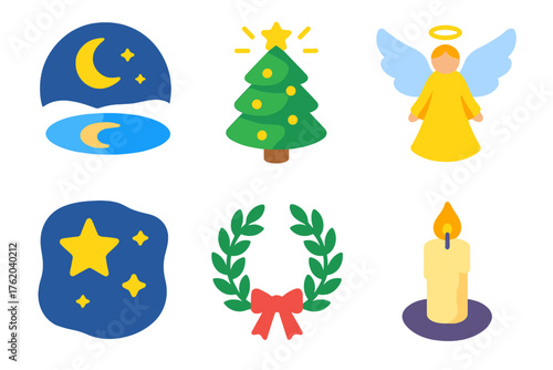 Christmas Reflection flat isometric set: lake under moonlight, glowing tree, angel, silent night sky, laurel wreath, candlelight.