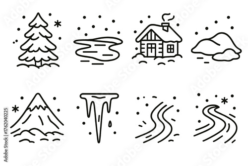 Christmas Snow — Winter landscape outline icon set: snow-covered pine, frozen lake, wooden cabin, snowdrift, falling snowflakes, snowy mountain, icicle, ski trail.